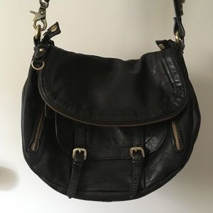 SABINA New York Black Leather Zip Flap Crossbody Bag